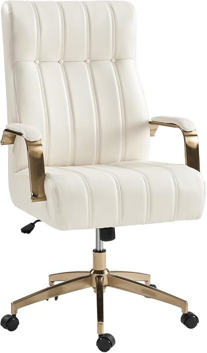 HULALA HOME Modern Executive Office Chair, Faux Leather Tufted Ergonomic Desk Chair with Gold Plated Base & Armrests, 360° Swivel Adjustable Height Tilt Home Office Chair for Work/Study