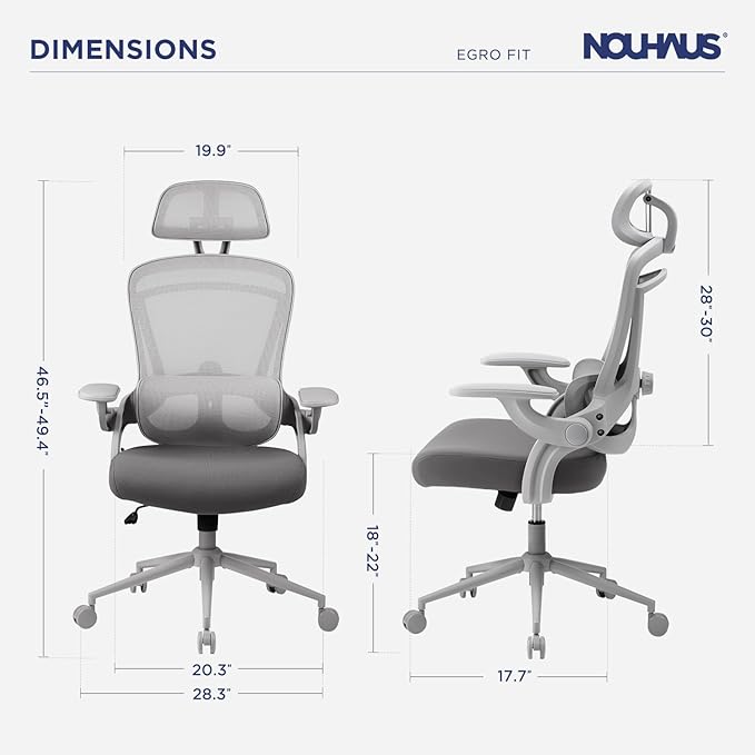 Nouhaus Ergo Fit Ergonomic Mesh Office Chair High Back Adjustable Lumbar Support Headrest and Adjustable Flip-up Armrests, Comfy Desk Chairs Swivel Computer Gaming Chair Tilt Function(N20, Grey)
