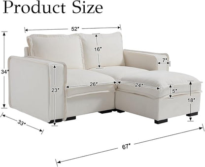 EALSON 67" Sectional Couch Modern Love Seat with Ottoman Modular Cloud Sofa with Deep Seat Comfy Linen Loveseat Sofa Convertible L Shaped Couches 2 Seater Couch for Living Room/Bedroom, White