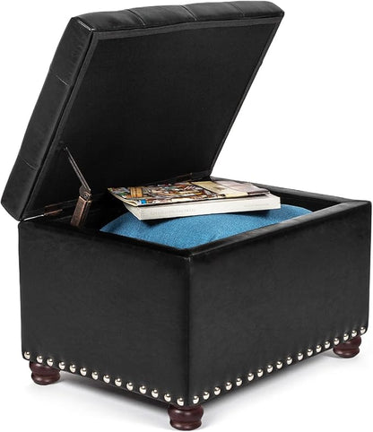 24'' Leather Storage Ottoman Rectangular Foot Rest Stool with Nailhead Trim Chests & Storage Room Organizer for Bedroom Living Room(Black)