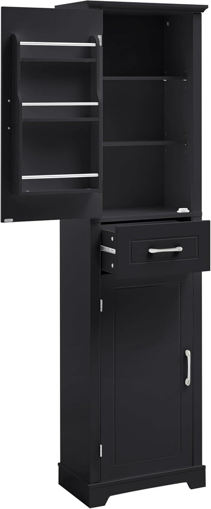 Bathroom Tall Storage Cabinet, Floor Freestanding Storage Cabinet with 2 Doors, One Drawer, Door Shelve Design, and Adjustable Shelf for Bathroom, Office, Multi-Use Organizer, Black