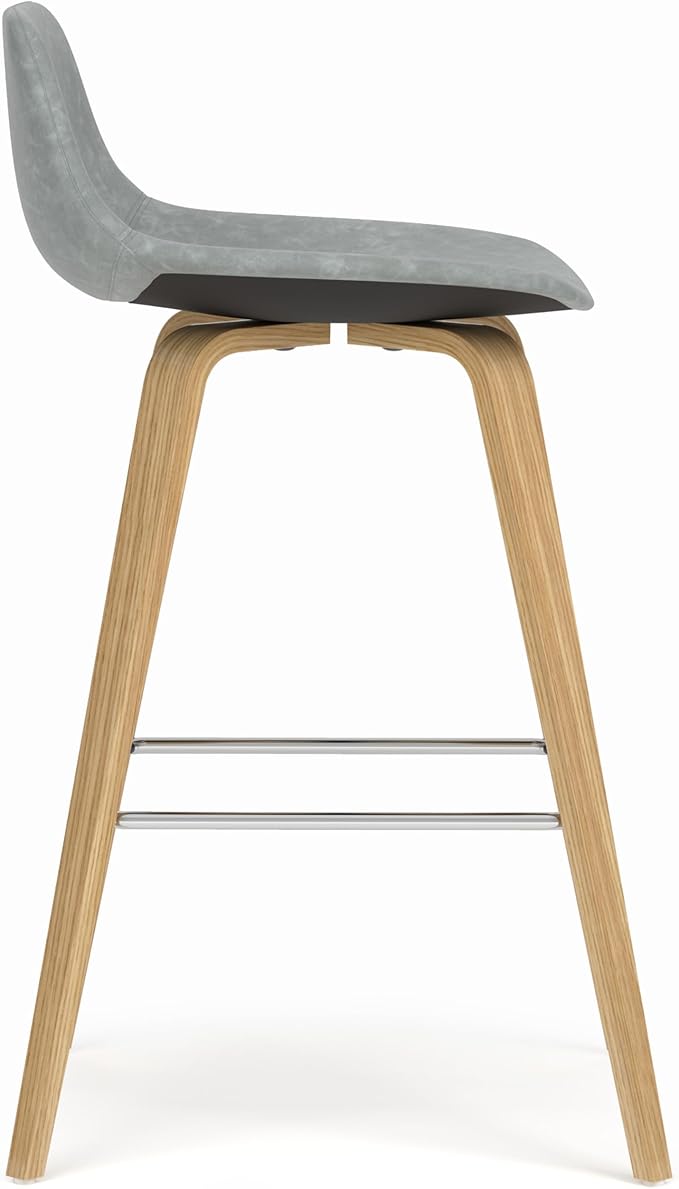 SIMPLIHOME Randolph Counter Stools (Set of 2) - 28 Inch Seat Height Upholstered Bentwood Kitchen Seats in Stone Grey PU Faux Leather, Mid Century Modern Seating with Curved Backrest and Footrest