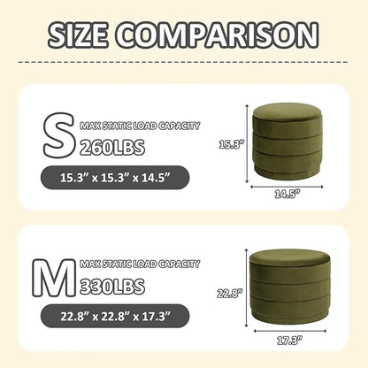 PINPLUS Large Round Velvet Storage Ottoman, Olive Green Upholstered Footstool with Hidden Storage, Sturdy Coffee Table Ottoman for Living Room & Bedroom