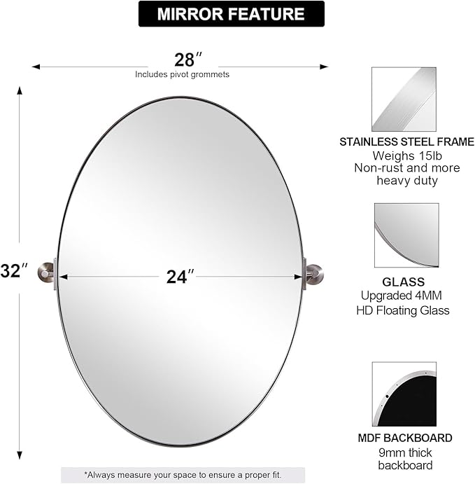 ANDY STAR Brushed Nickel Bathroom Mirror, 24 x 32 Inch Oval Pivot Mirror for Wall, Unique Farmhouse Tilt Mirror in Slim Silver Stainless Steel Metal Frame for Bedroom, Powder Room