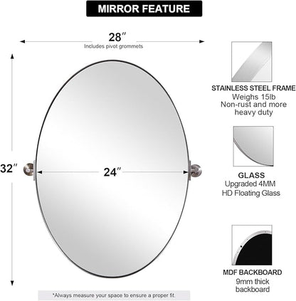 ANDY STAR Brushed Nickel Bathroom Mirror, 24 x 32 Inch Oval Pivot Mirror for Wall, Unique Farmhouse Tilt Mirror in Slim Silver Stainless Steel Metal Frame for Bedroom, Powder Room