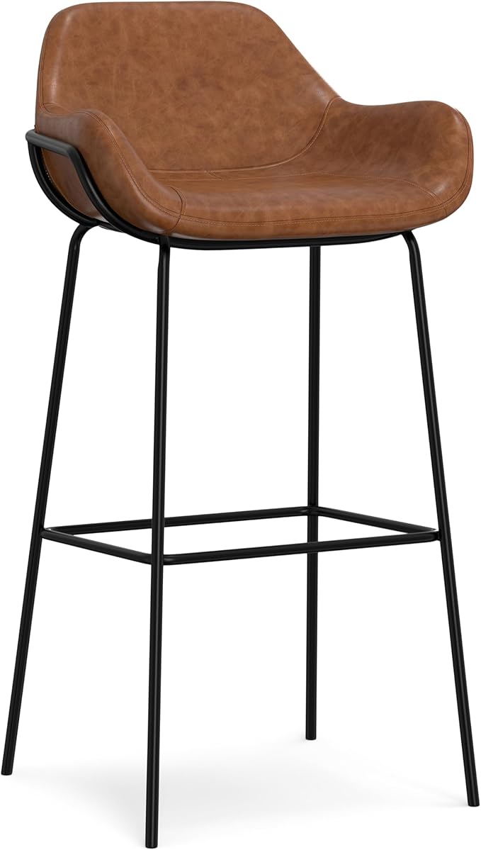 SIMPLIHOME Mira Bar Stools (Set of 2) - 30 inch Seat Height Upholstered Metal Bar Chairs in Distressed Tan Vegan Faux Leather, Contemporary Seating for Kitchen with Curved Cushioned Seat and Armrests