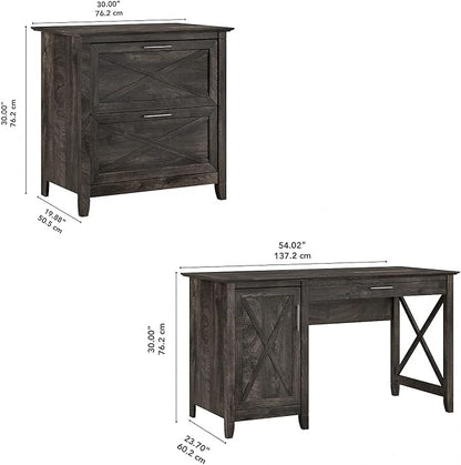 Bush Furniture Key West 54W Computer Desk with Storage and 2 Drawer Lateral File Cabinet in Dark Gray Hickory