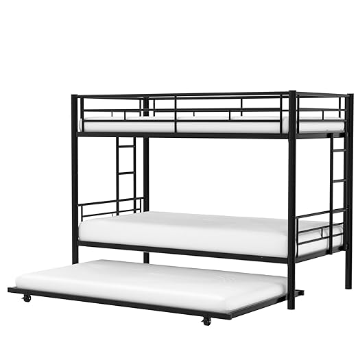 VECELO Twin Over Twin Bunk Bed with Trundle, Metal Bunkbeds with Ladder and Full-Length Guardrail, Noise Free, No Box Spring Needed, Black