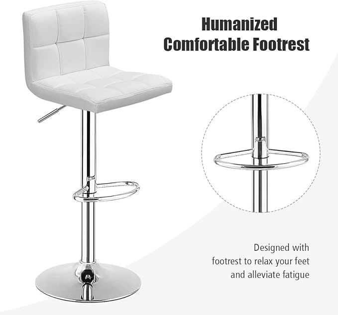 COSTWAY Bar Stools Set of 2, Modern Swivel Adjustable Height PU Leather Barstools with Back, Square Armless Counter Height 2-Pack Bar Chair for Kitchen Island Dining Living Bistro Pub Counter, White