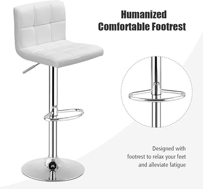COSTWAY Bar Stools Set of 2, Modern Swivel Adjustable Height PU Leather Barstools with Back, Square Armless Counter Height 2-Pack Bar Chair for Kitchen Island Dining Living Bistro Pub Counter, White
