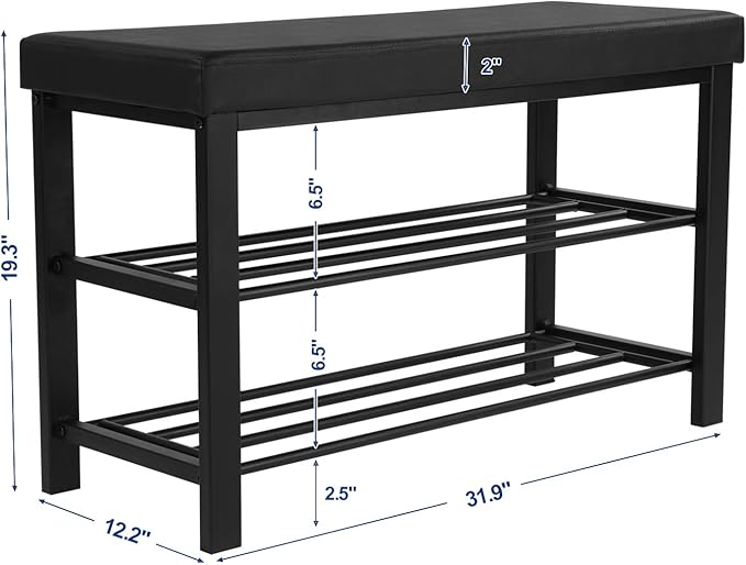 SONGMICS Shoe Bench, 3-Tier Shoe Rack for Entryway, Storage Organizer with Foam Padded Seat, Faux Leather, Metal Frame, for Living Room, Hallway, 12.2 x 31.9 x 19.3 Inches, Black ULBS58H