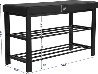 SONGMICS Shoe Bench, 3-Tier Shoe Rack for Entryway, Storage Organizer with Foam Padded Seat, Faux Leather, Metal Frame, for Living Room, Hallway, 12.2 x 31.9 x 19.3 Inches, Black ULBS58H