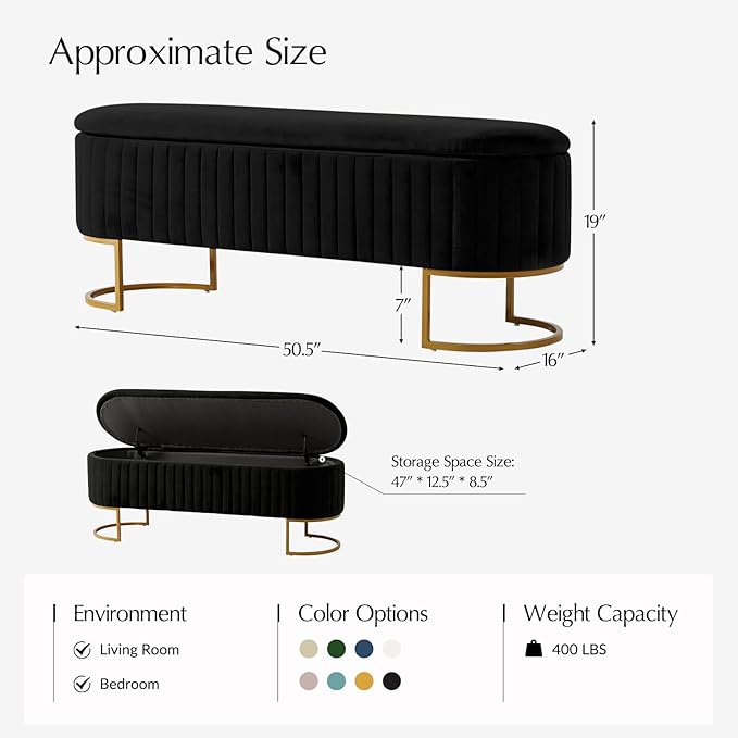 EcoHarbor Living 50.5" Storage Bench Velvet Bedroom Ottoman,Upholstered End of Bed Bench with Gold Legs,Flipping Lid Entryway Footrest