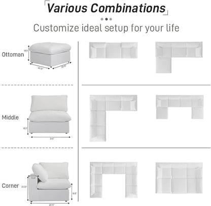 Cloud Couch Modular Sectional Sofa,160.6" Down Filled Sofa with Storage Ottoman,U Shaped Couch 6 Seater, White Convertible Sectional Sofa for Living Room,Covers Removable & Washable
