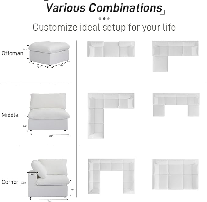 Cloud Couch Modular Sectional Sofa with Storage Ottoman,L Shaped Couch for Living Room,80.3" inch Down Filled 3 Seater Convertible Sectional Sofas for Office Apartment,White