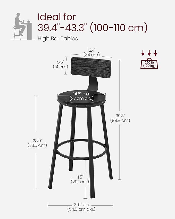 VASAGLE Bar Stools Set of 2, Bar Height Stools, 28.9 Inches Counter Barstools Chairs with Back for Dining Kitchen Island, Steel Frame, Industrial Style, Easy Assembly, Ebony Black