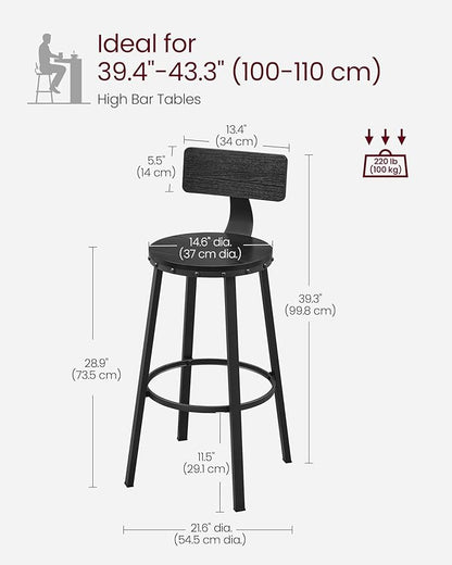 VASAGLE Bar Stools Set of 2, Bar Height Stools, 28.9 Inches Counter Barstools Chairs with Back for Dining Kitchen Island, Steel Frame, Industrial Style, Easy Assembly, Ebony Black
