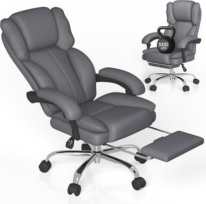 Big and Tall Office Chair, Executive Home Office Desk Chair, Leather Computer Chair with Retractable Footrest, Adjustable Headrest and Reclining Height, Padded Arms, 360°Swivel Free, Wide Seat, Gray