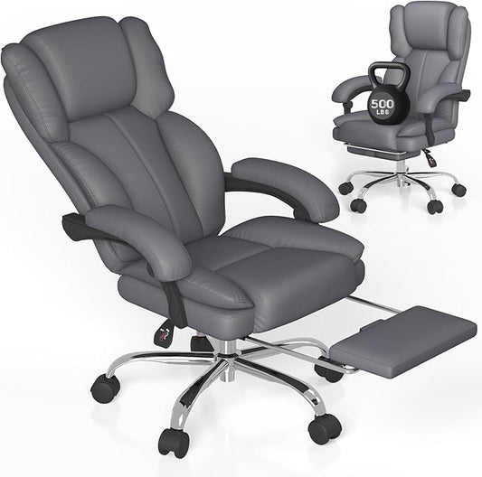 Big and Tall Office Chair, Executive Home Office Desk Chair, Leather Computer Chair with Retractable Footrest, Adjustable Headrest and Reclining Height, Padded Arms, 360°Swivel Free, Wide Seat, Gray