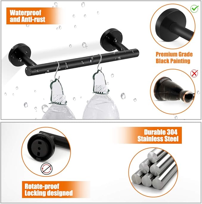 5-Pieces Matte Black Bathroom Hardware Set SUS304 Stainless Steel Round Wall Mounted - Includes 16" Hand Towel Bar, Toilet Paper Holder, 3 Robe Towel Hooks,Bathroom Accessories Kit