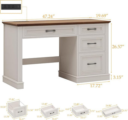Farmhouse 47" Executive Desk, Computer Desk with Drawers and File Drawer, Workstation Computer Desk with Charging Station for Home Office,Study,（Unique White）