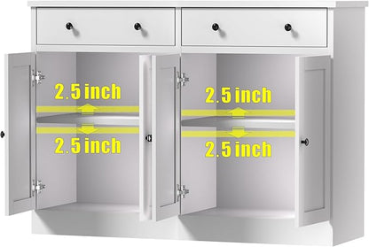 49" White Buffet Cabinet with Doors & Drawers, Modern Kitchen Storage Sideboard, Coffee Bar Console for Dining Room, Living Room, Entryway