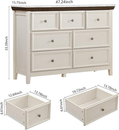 Antique White Dresser for Bedroom 7 Drawers Dresser,7 Chest of Drawers Storage Cabinet for Living Room,Filing Cabinet for Home Office