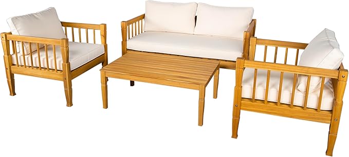 Scott Living Darla 4 Seater Conversation Set, Acacia Wood Loveseat and Club Chairs, Sofa Set with Cushion, Retangular Slats Coffee Table, 4 Piece Outdoor Rustic Acacia Wood Seating Set, Teak+Beige