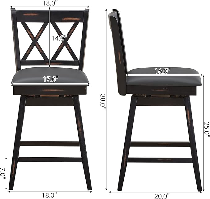 COSTWAY Bar Stool Set of 2, 360 ° Swivel Counter Height 25 inch Bar Stool with Foot Rest Upholstered Cushion & Ergonomic Backrest, Sturdy Frame, for Pub, Restaurant, Home (2, Black + Grey)