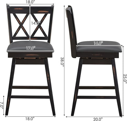 COSTWAY Bar Stool Set of 2, 360 ° Swivel Counter Height 25 inch Bar Stool with Foot Rest Upholstered Cushion & Ergonomic Backrest, Sturdy Frame, for Pub, Restaurant, Home (2, Black + Grey)