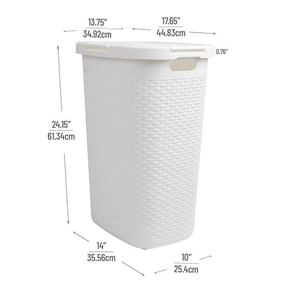 Mind Reader Slim Laundry Hamper with Lid, 60L Clothes Basket, Premium Wicker Design, Plastic, White