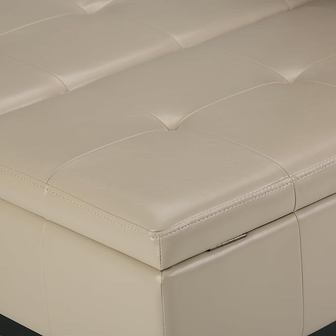 SIMPLIHOME Dover 36 inch Wide Contemporary Square Coffee Table Storage Ottoman in Satin Cream Vegan Faux Leather, Assembled, For the Living Room and Bedroom