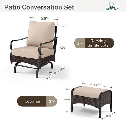 MFSTUDIO 4 Pieces Outdoor Patio Furniture Set, Metal Outdoor Conversation Sofa, Rattan Wicker Patio Sectional Sofa Set with 2 x Rocking Single Sofa, 2 x Ottoman, Beige