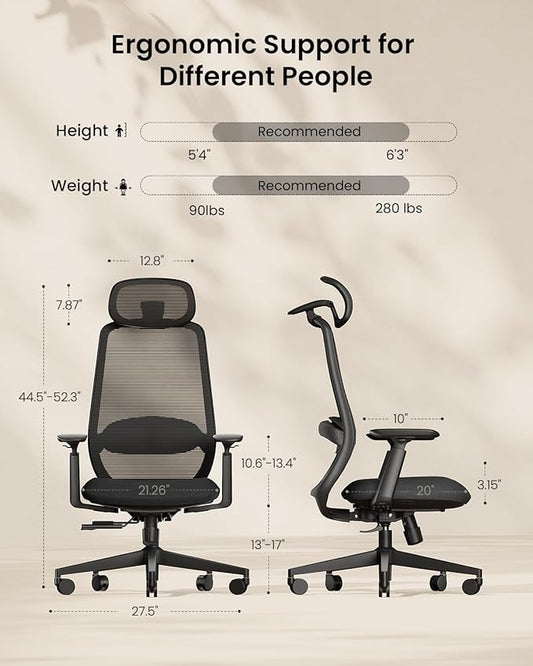 ProtoArc Ergonomic Office Chair – EC200 High-Back Mesh Computer Chair with Lumbar Support, 3D Adjustable Headrest & Sliding Seat for 8+ Hour Comfort, Big & Tall Home Office Desk Chairs - Black