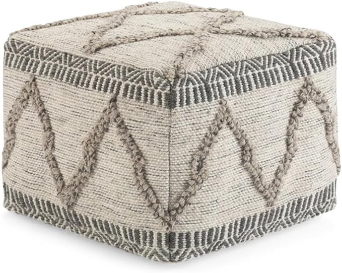 SIMPLIHOME Sweeney Boho Square Pouf in Grey, Natural Handloom Woven Pattern for the Living Room, Bedroom and Kids Room