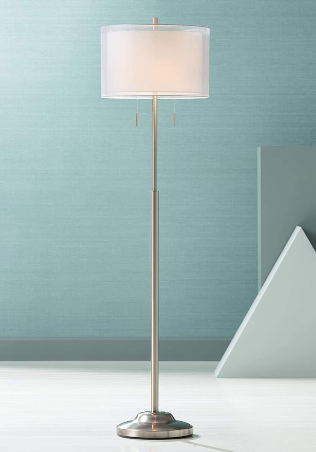Possini Euro Design Roxie Modern Standing Floor Lamp 65.5" Tall Brushed Nickel Silver Double Layer Sheer Linen Fabric Drum Shade Decor for Living Room Reading House Bedroom Home