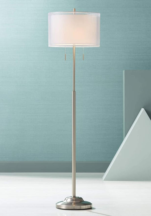 Possini Euro Design Roxie Modern Standing Floor Lamp 65.5" Tall Brushed Nickel Silver Double Layer Sheer Linen Fabric Drum Shade Decor for Living Room Reading House Bedroom Home