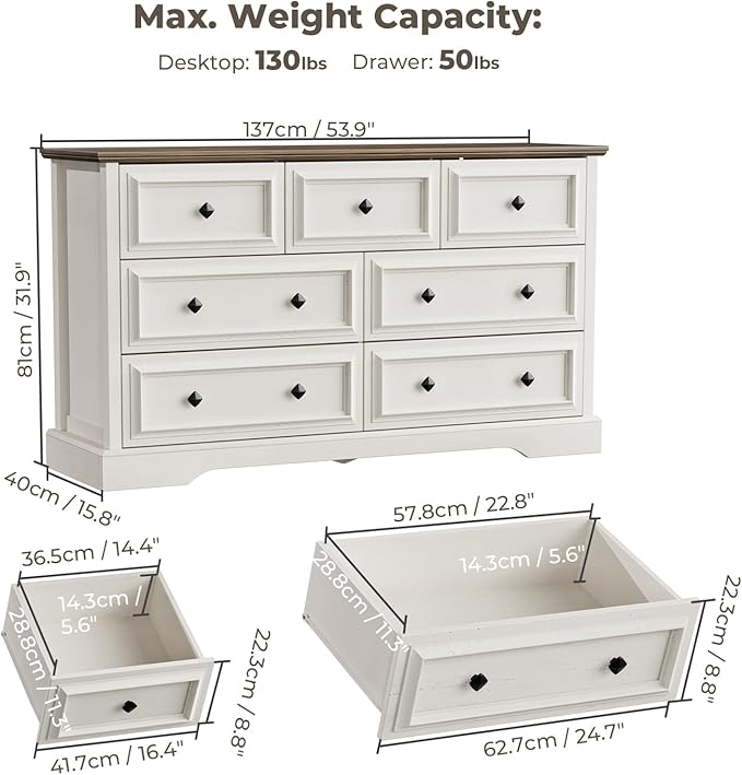 Farmhouse 7 Drawer Dresser for Bedroom, 54" Wide Wooden Dresser with Natural Texture & Vintage Metal Knobs, Large Chest of Drawers for Bedroom, Living Room, Hallway, Antique White