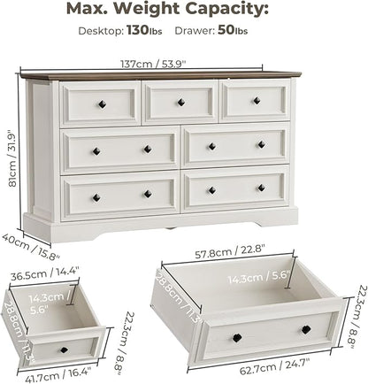 Farmhouse 7 Drawer Dresser for Bedroom, 54" Wide Wooden Dresser with Natural Texture & Vintage Metal Knobs, Large Chest of Drawers for Bedroom, Living Room, Hallway, Antique White