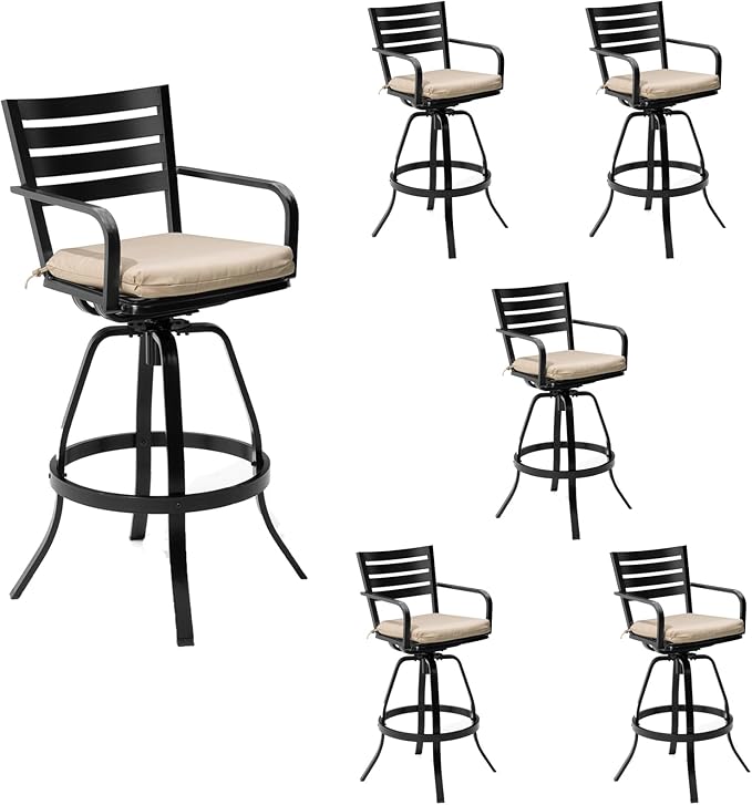 Pellebant Patio Swivel Barstools Set of 6, Aluminum 29.5" Outdoor Bar Height Stool Chairs with Back & Footrest,Rust-Proof Tall Patio Bar Stools for Deck Lawn Garden,Beige