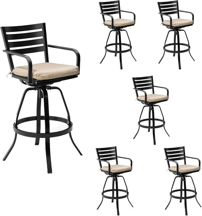 Pellebant Patio Swivel Barstools Set of 6, Aluminum 29.5" Outdoor Bar Height Stool Chairs with Back & Footrest,Rust-Proof Tall Patio Bar Stools for Deck Lawn Garden,Beige