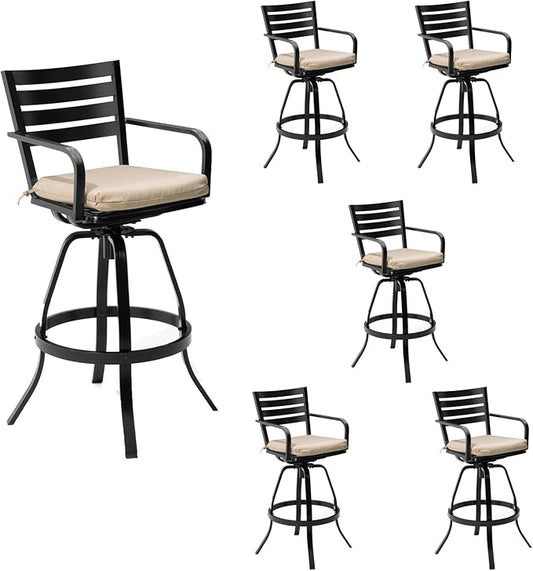 Pellebant Patio Swivel Barstools Set of 6, Aluminum 29.5" Outdoor Bar Height Stool Chairs with Back & Footrest,Rust-Proof Tall Patio Bar Stools for Deck Lawn Garden,Beige
