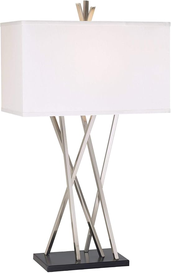Possini Euro Design Modern Table Lamp 30" Tall Brushed Nickel Silver Open Asymmetry Metal White Linen Rectangular Box Shade for Bedroom Living Room House Home Bedside Nightstand Office Kids Family