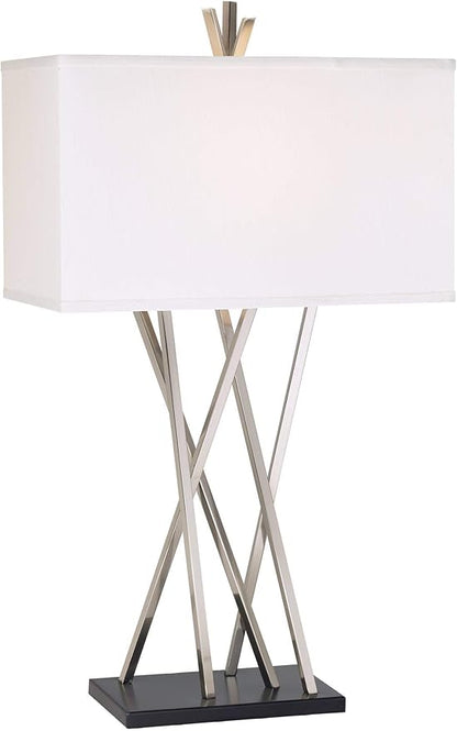Possini Euro Design Modern Table Lamp 30" Tall Brushed Nickel Silver Open Asymmetry Metal White Linen Rectangular Box Shade for Bedroom Living Room House Home Bedside Nightstand Office Kids Family
