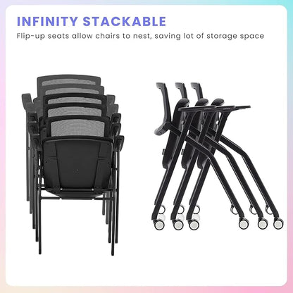 10 Pack Stackable Conference Room Chairs with Wheels and Paddle, Ergonomic Mesh Back and Arms for Meeting, Conference, Reception, Training Room & Home Office Desk Folding Chairs, Black