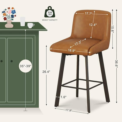 Swivel Counter Height Bar Stools Set of 4, 26''H Upholstered Barstools with Backs, Modern Bar Stool Chairs for Kitchen Island, Metal Legs, Faux Leather, Whiskey Brown Stools Counter Chair