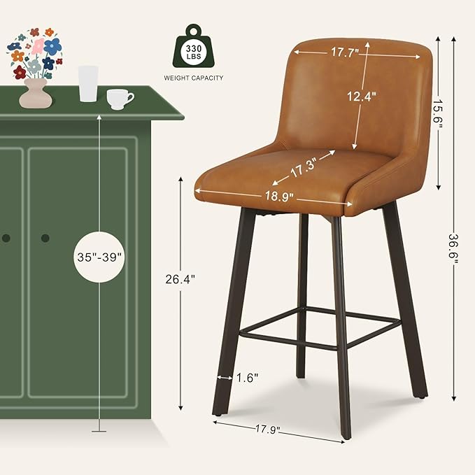 Swivel Counter Height Bar Stools Set of 6, 26''H Upholstered Barstools with Backs, Modern Bar Stool Chairs for Kitchen Island, Metal Legs, Faux Leather, Whiskey Brown Stools Counter Chair