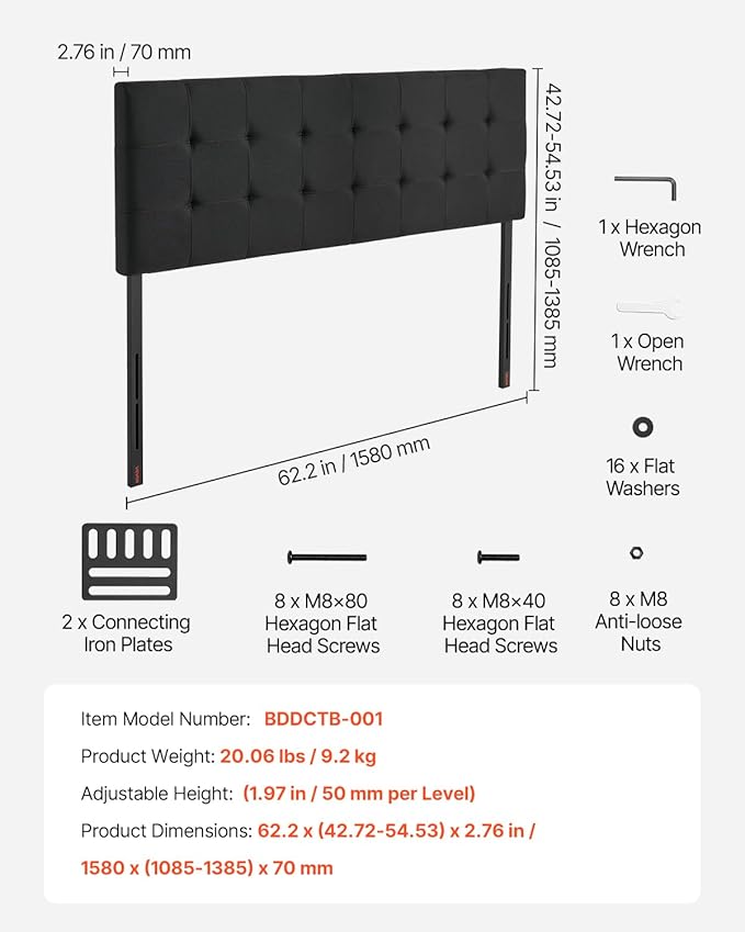 VEVOR Headboard, Queen Size Headboard with Adjustable Height, Comfortable Diamond Tufted for Queen Size Bed, W62.2 x H(42.72-54.53) x D2.76 in, Ideal for Bedroom, Hotel, Homestay, Dormitory, Black