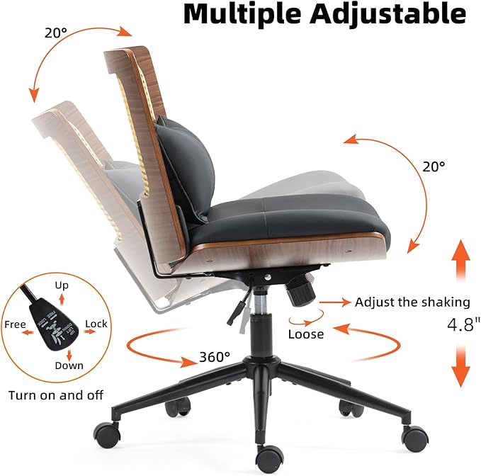 Armless Rattan Office Desk Chair with Wheels, PU Leather Modern Wide Swivel Task Chair, Ergonomic Criss Cross Legged Chair for Meeting Room, Home Office, Black
