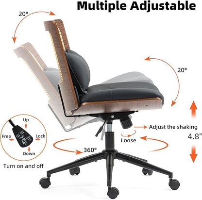 Armless Rattan Office Desk Chair with Wheels, PU Leather Modern Wide Swivel Task Chair, Ergonomic Criss Cross Legged Chair for Meeting Room, Home Office, Black